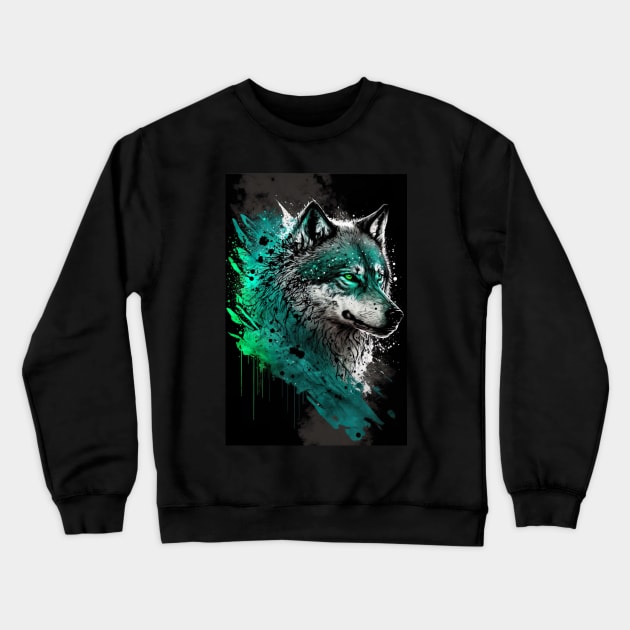 Cool Wolf portrait with green glow Crewneck Sweatshirt by KoolArtDistrict